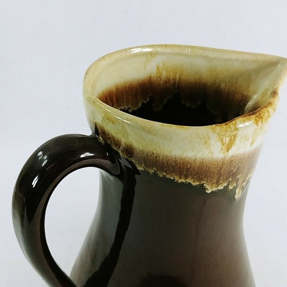 Pitcher Drip Glaze Pottery Brown Cream Farmhouse Country Cottage Vintage Decor - Picture 4 of 9